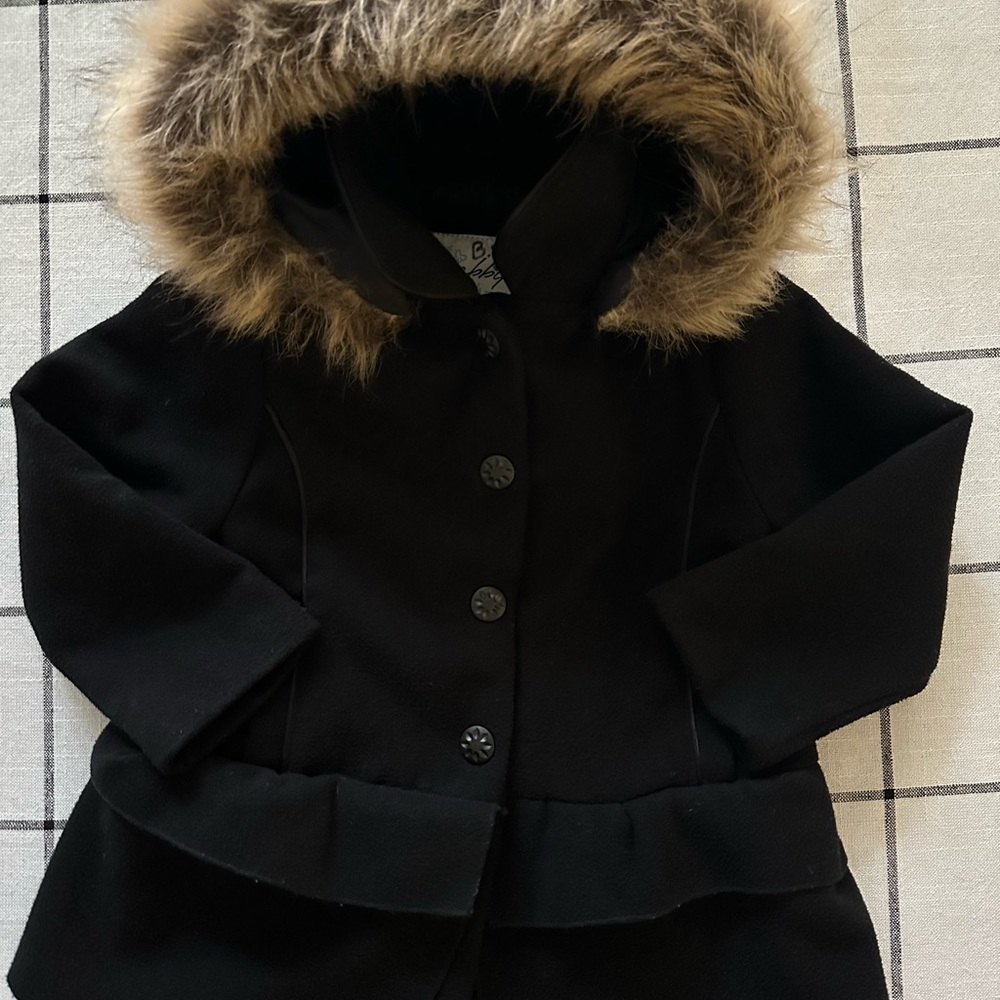 3T black full button down with brown (tan) faux fur removable hood